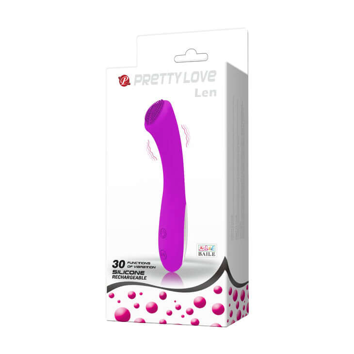 Pretty Love Len Rechargeable Wand Massager Purple packaging showcasing its sleek design and features.