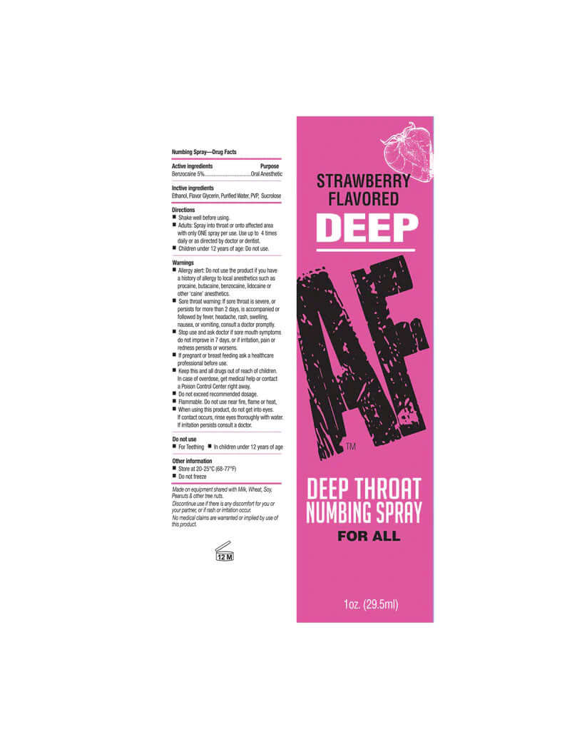 Deep Af Numbing Throat Spray Strawberry 1 Oz, packaging and ingredients for oral desensitizing spray.