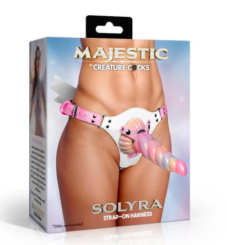 Majestic Solyra Fantasy Strap-on Harness in packaging showcasing the unique design and vibrant colors.