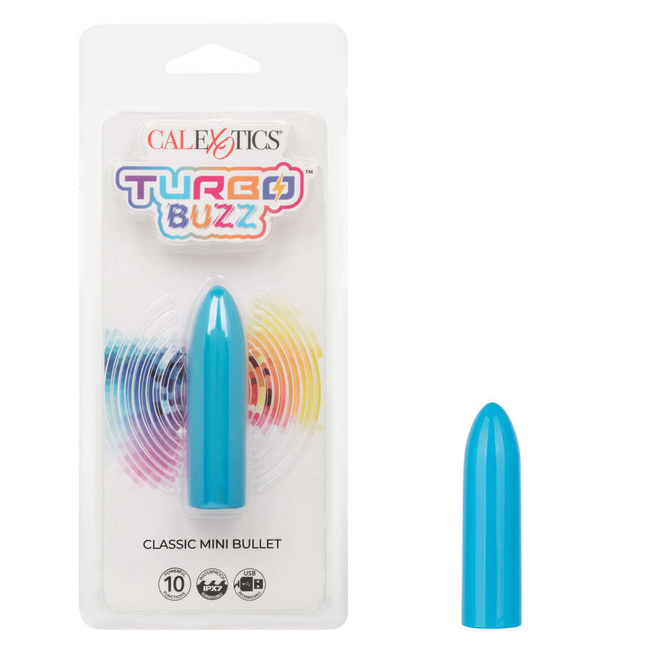 Turbo Buzz Classic Mini Bullet - Blue with packaging showing 10 functions of vibration, pulsation, and escalation