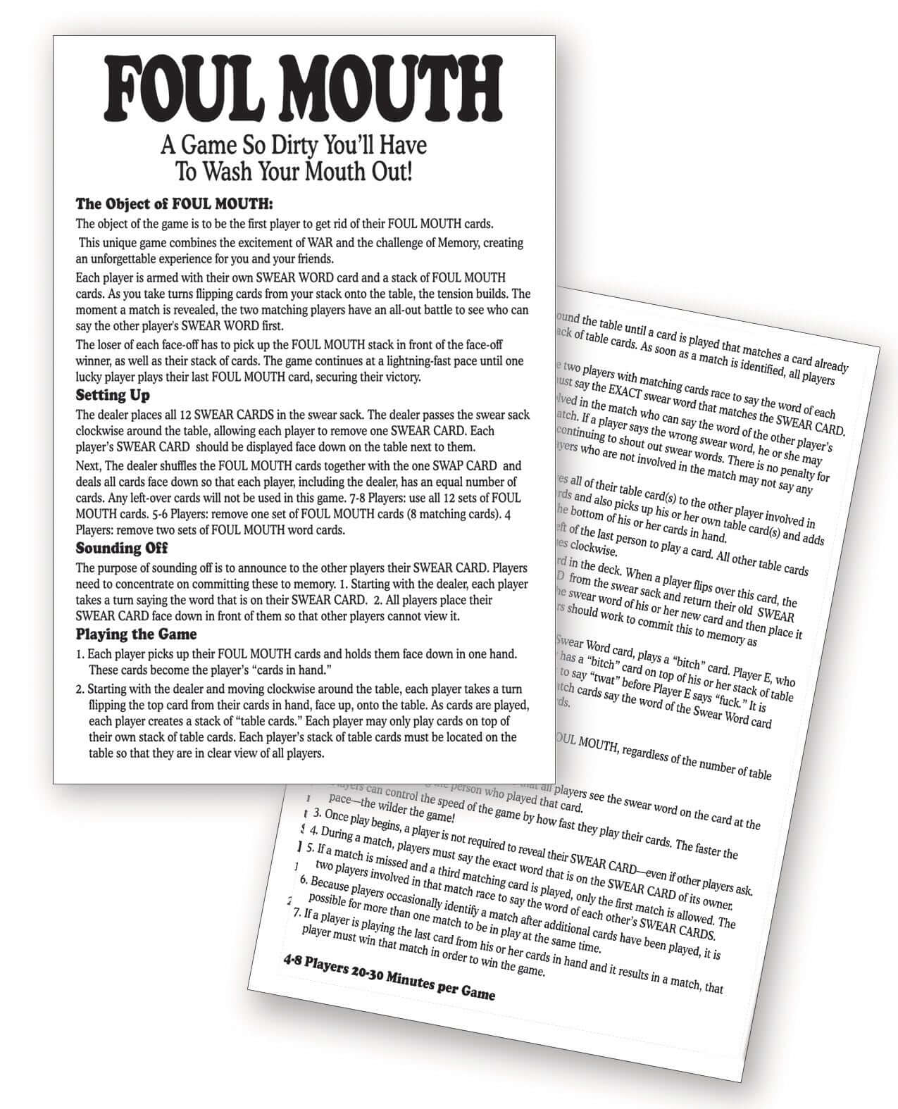 Foul Mouth Card Game rules and instructions sheets detailing gameplay combining WAR and Memory for a thrilling experience with friends.