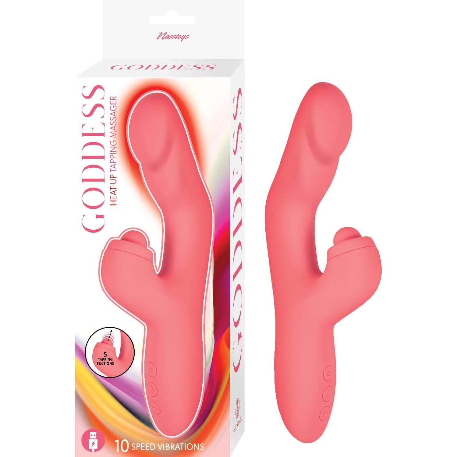 Goddess Heat Up Tapping Massager - Coral with 10 vibrating functions and 5 unique tapping functions for dual stimulation.