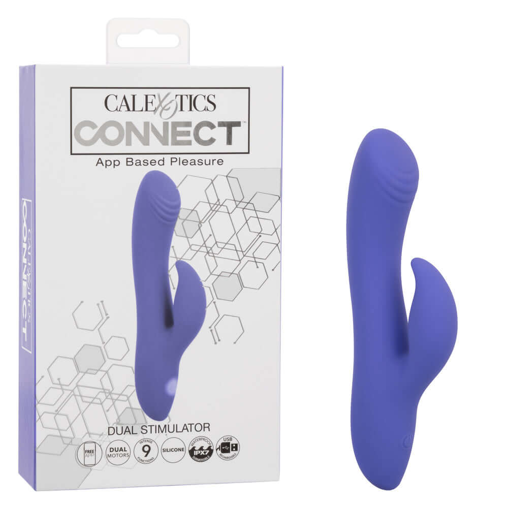 CalExotics Connect Dual Stimulator in periwinkle with packaging box, designed for multi-faceted intimate pleasure with dual motors.