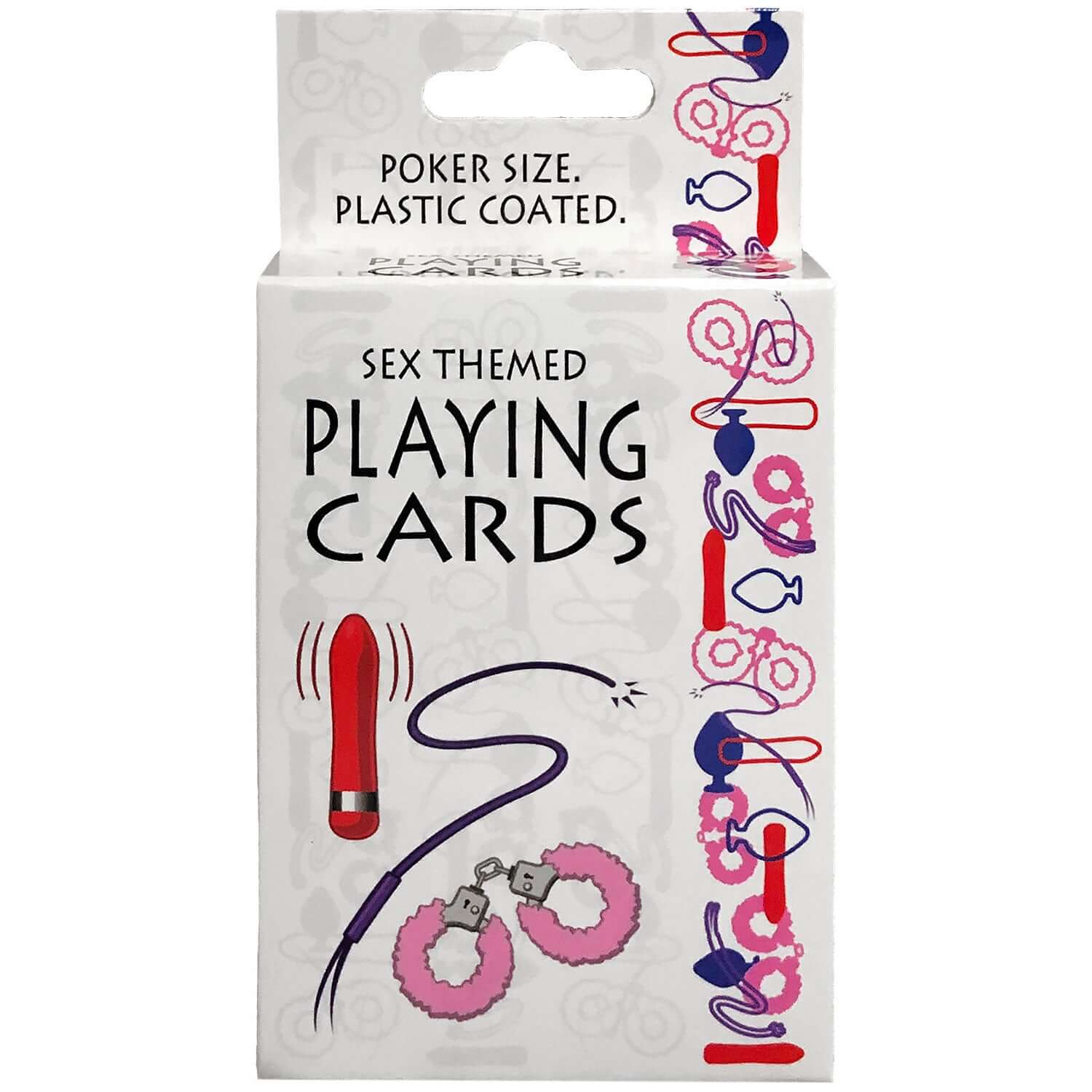 Sex themed playing cards with cocktail themed suits including vibrators, whips, furry handcuffs, and butt plugs in plastic-coated box.