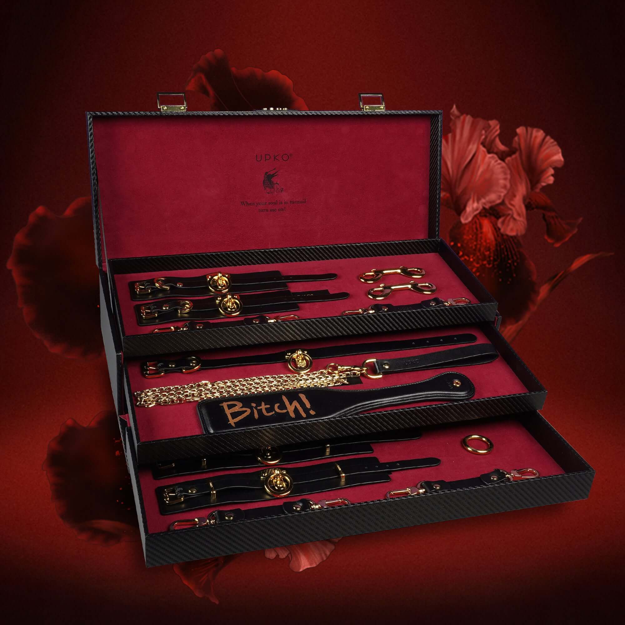 UPKO Luxury Italian Leather Bondage Tools Set in black case with gold accents, showcasing accessories for BDSM play.