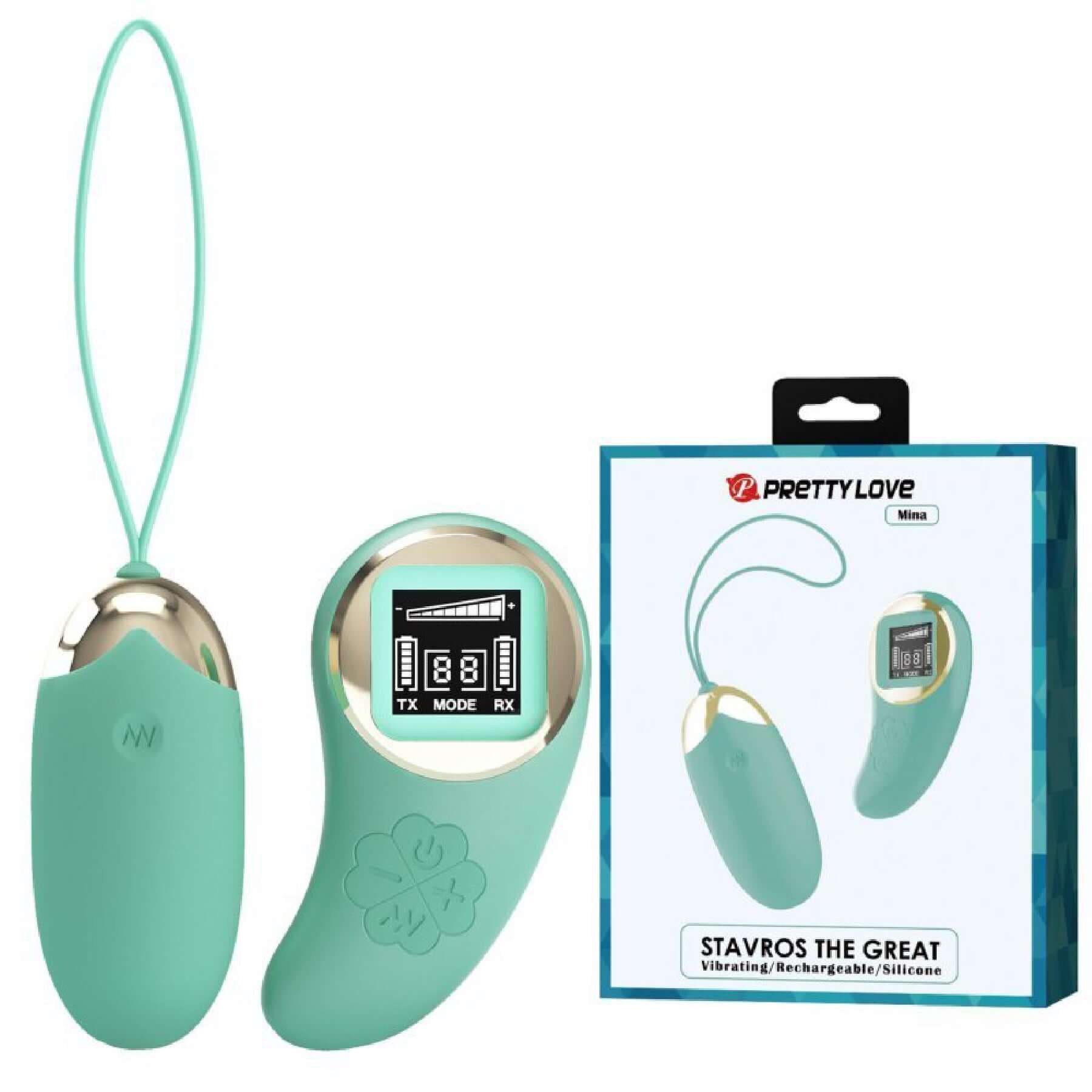 Mina Vibrating Remote Control Egg in turquoise with packaging featuring 10 powerful vibration settings for solo and partner play.