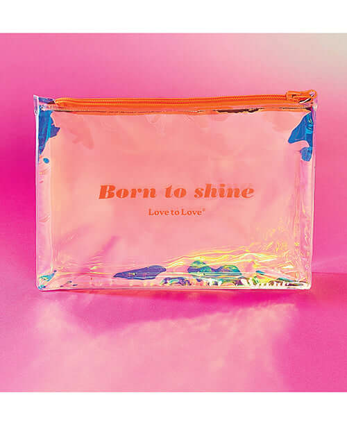 Love to Love Born to Shine Pouch Vivid Orange displayed against a colorful background, showcasing its stylish design.