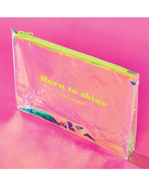 Love to Love Born to Shine Pouch Acid Yellow with a vibrant acid yellow zipper on a pink background.