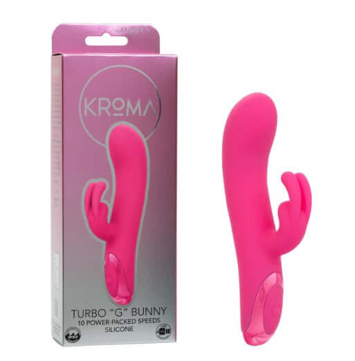 Kroma Turbo G Bunny Vibrator Pink in packaging showing sleek design and dual-stimulation features.