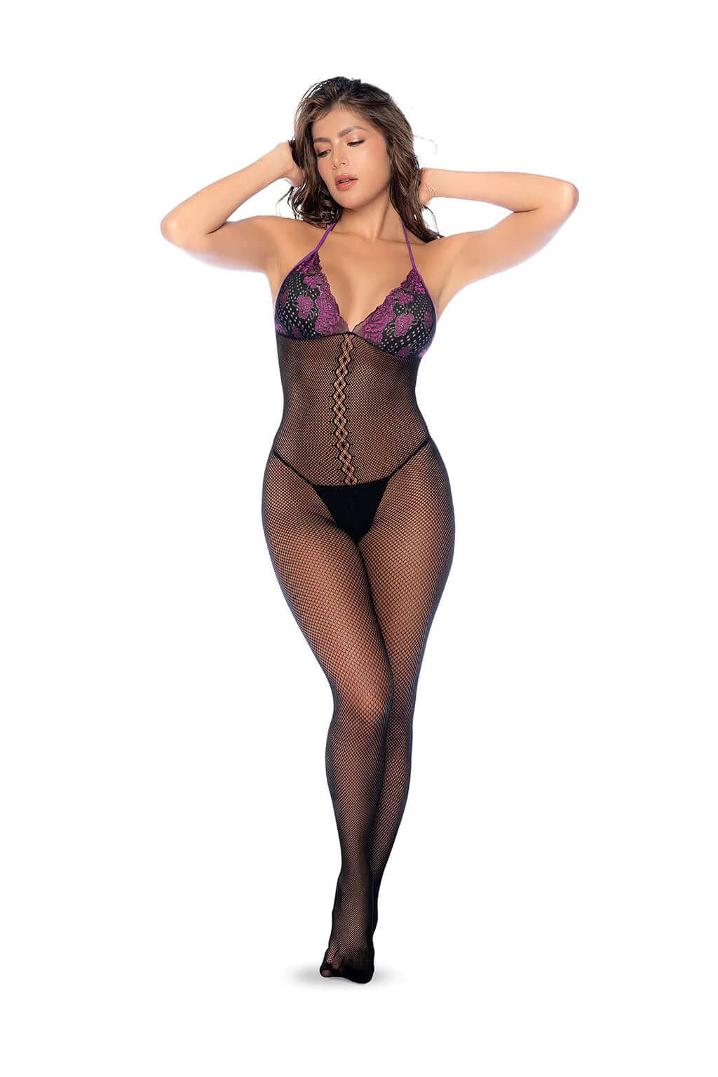 Whispered Lace Fishnet Bodystocking - Os - Black/purple-0
