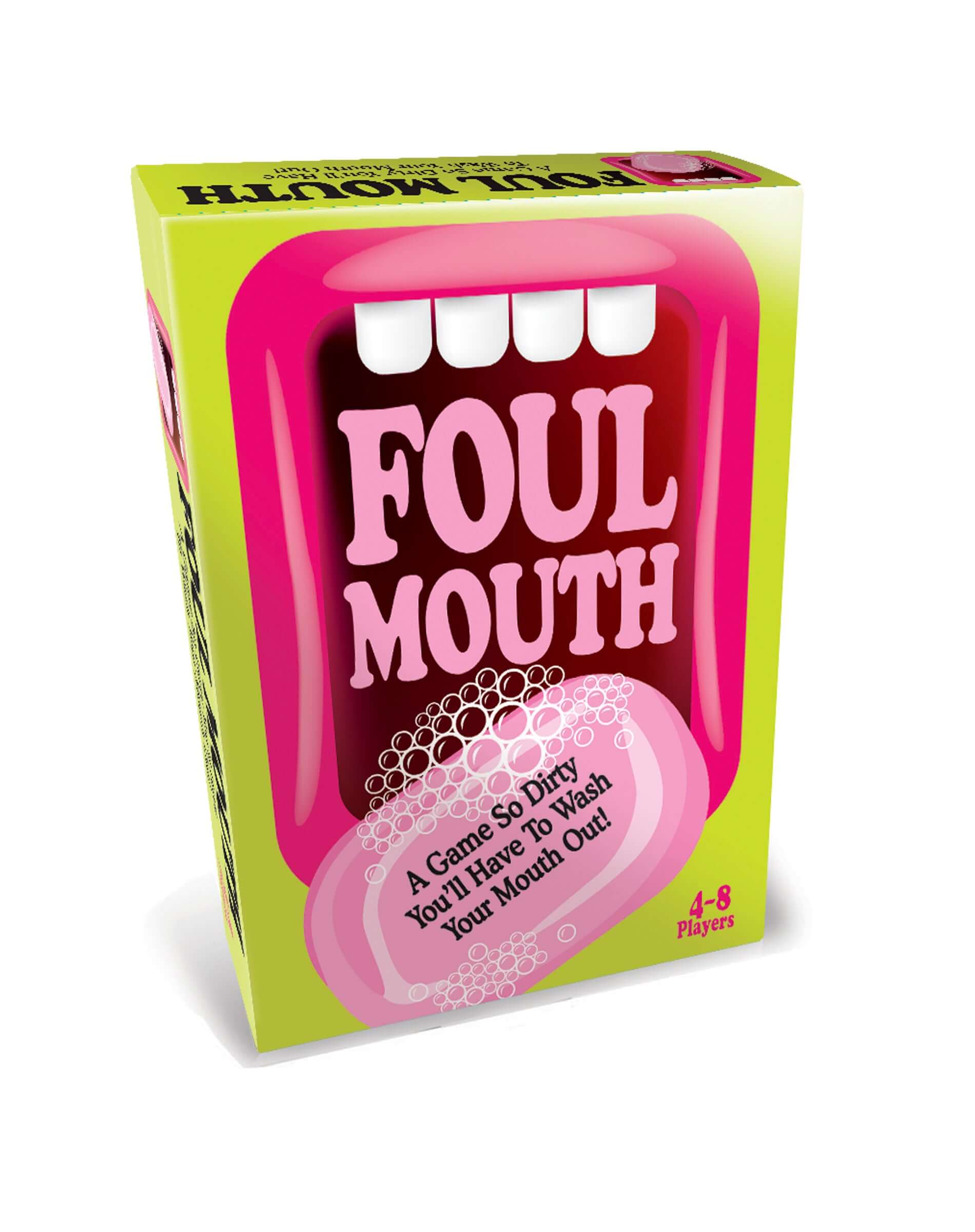 Foul Mouth Card Game box with vibrant pink and green design, featuring text "A Game So Dirty You'll Have To Wash Your Mouth Out" for 4-8 players.