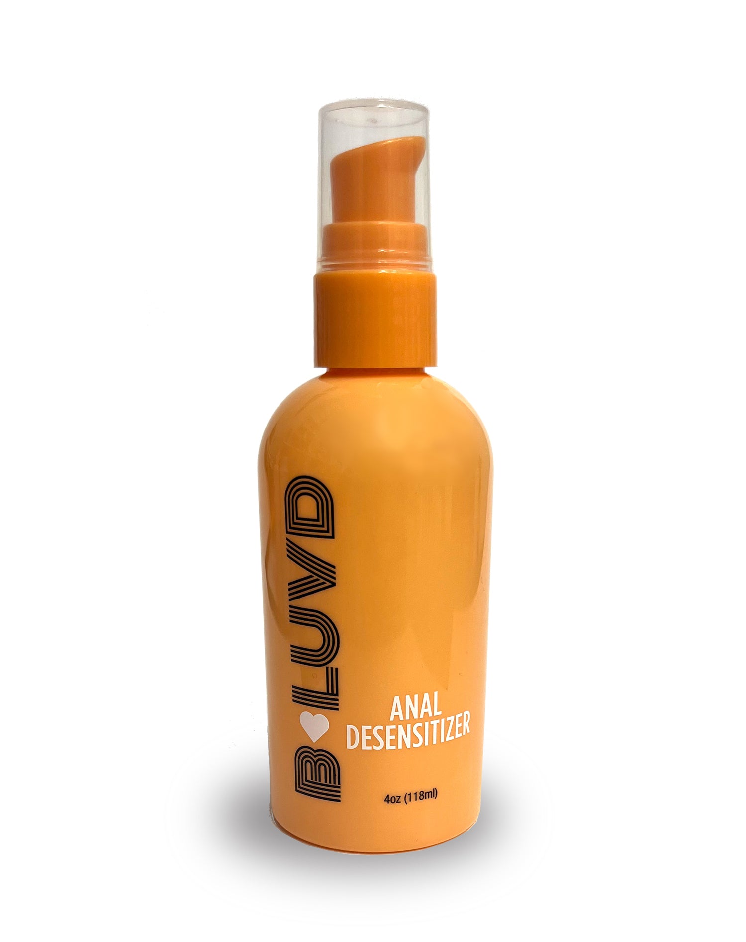 B-Luvd Anal Desensitizing Lubricant 4 Oz in an orange bottle with a pump top for comfortable intimate experiences.