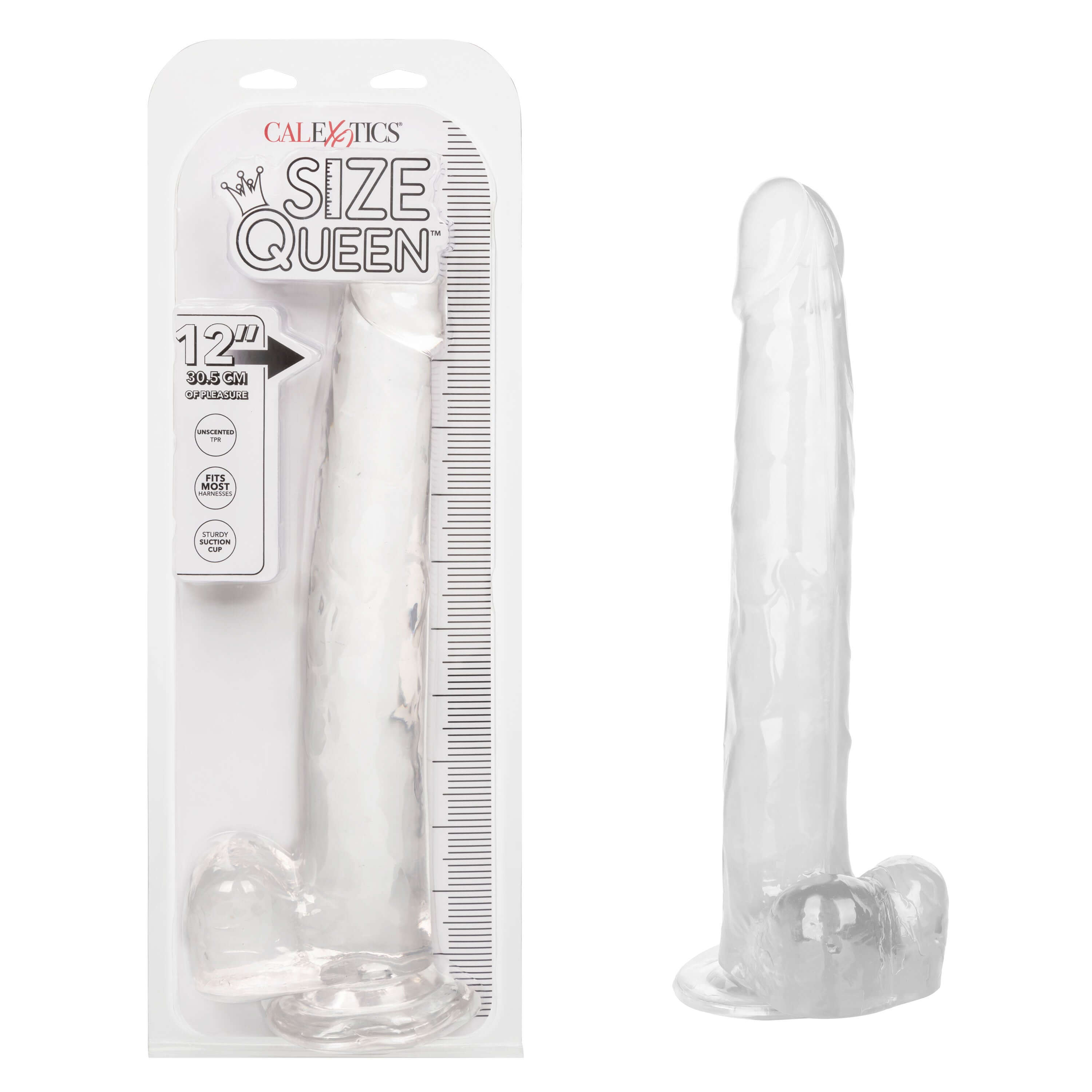 Size Queen 12 inch Large Dildo Clear in packaging showing measurements and design details.