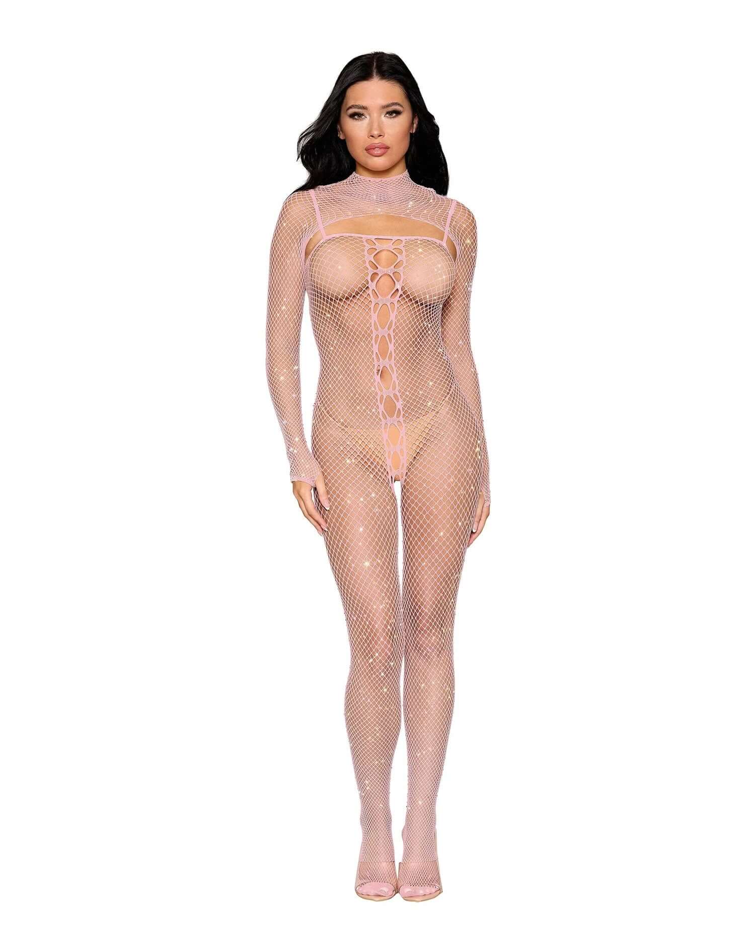 Pink Dreamgirl bodystocking and shrug, one size fits most, made of 90% nylon and 10% spandex, front view of model.