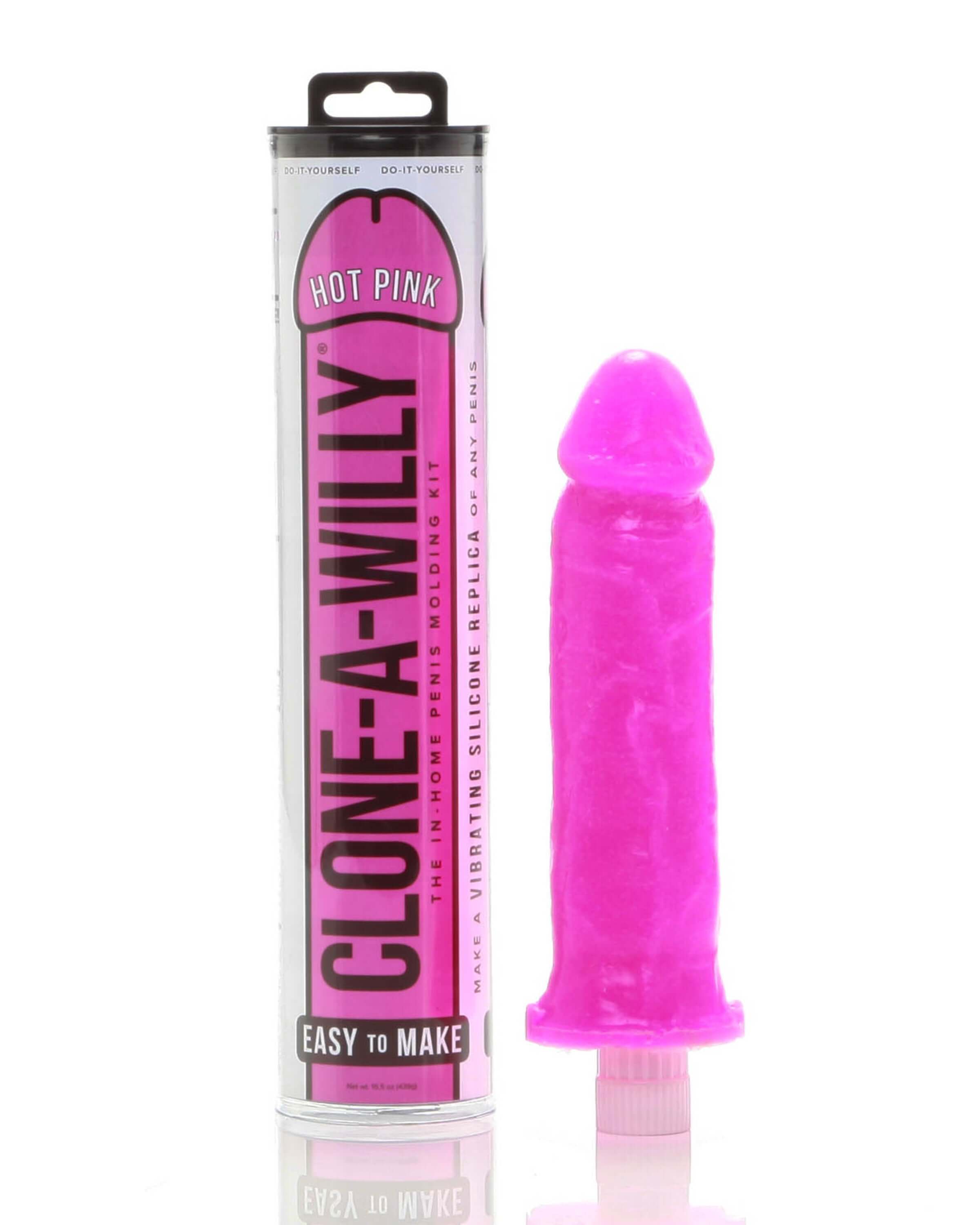 Clone-a-Willy Molding Kit Hot Pink packaging with a vibrant silicone replica, easy to make at home.