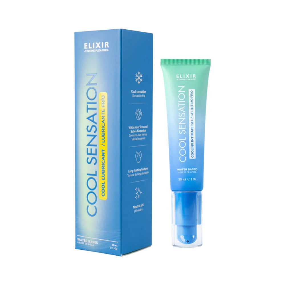 Elixir Cool Sensation Lubricant 30 ml packaging and tube, featuring refreshing cooling effect and water-based formula.