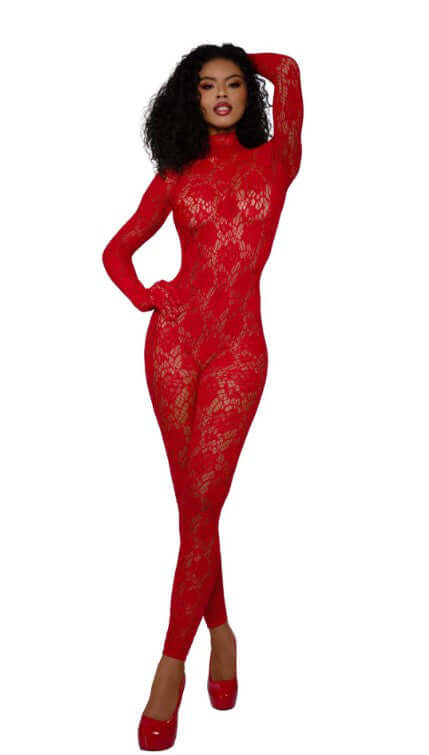 Dreamgirl Gloved Bodystocking Dmnd OS Red on a model highlighting its elegant design and flattering fit.