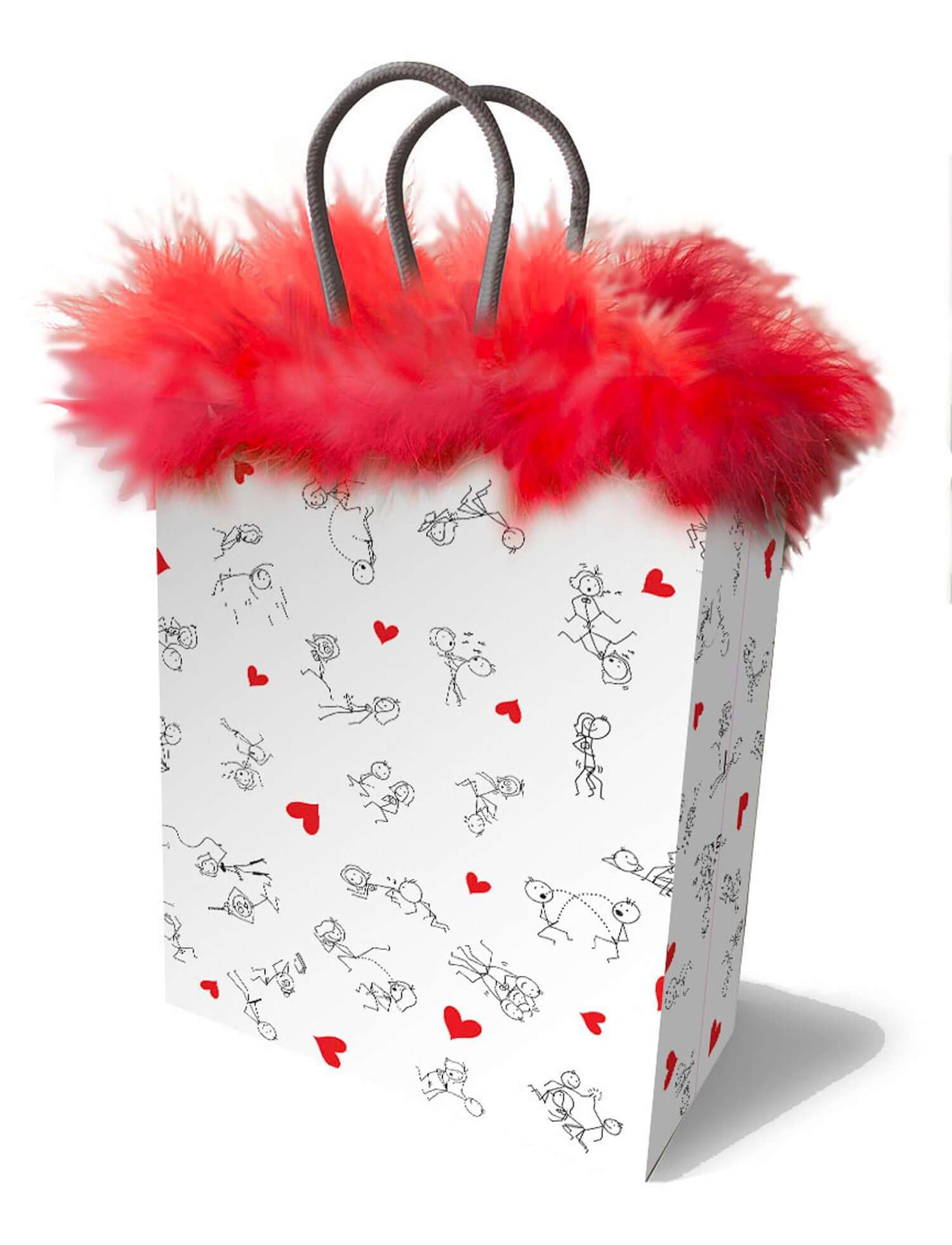 Stick Figures Gift Bag - Red with marabou fringe, featuring naughty stick figure scenes and red hearts.