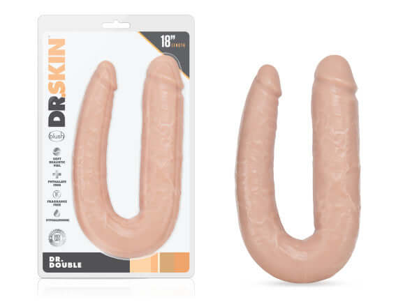 Dr Skin Dr Double Dildo Vanilla packaging and product showing U-shaped design for customizable pleasure.