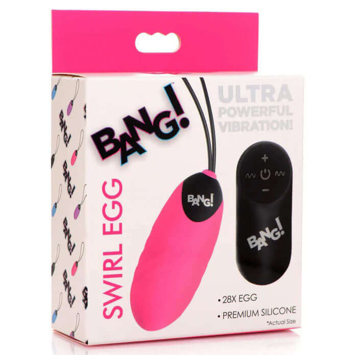 Bang 28x Swirl Silicone Egg Vibrator Pink packaging featuring the product and details about ultra powerful vibration.