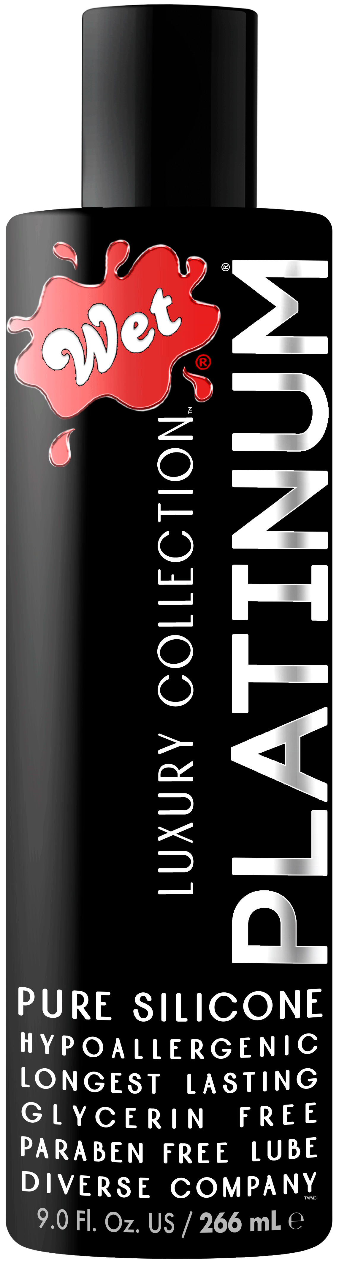 Wet Platinum Luxury Silicone Lubricant 9 Oz bottle with glossy black design and red logo on the front.