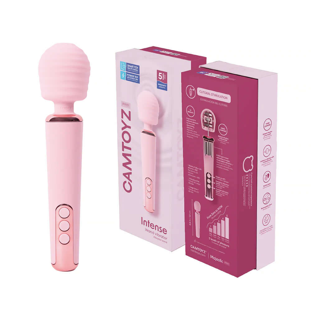 Intense Camtoyz Wand Vibrator With App Pink and packaging displayed together