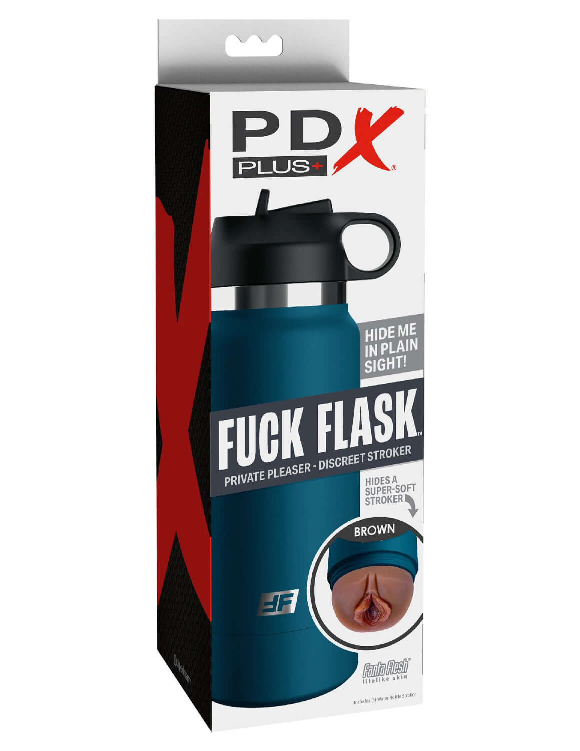 Fuck Flask Private Pleaser discreet stroker in blue reusable water bottle design with brown interior, packaged for privacy