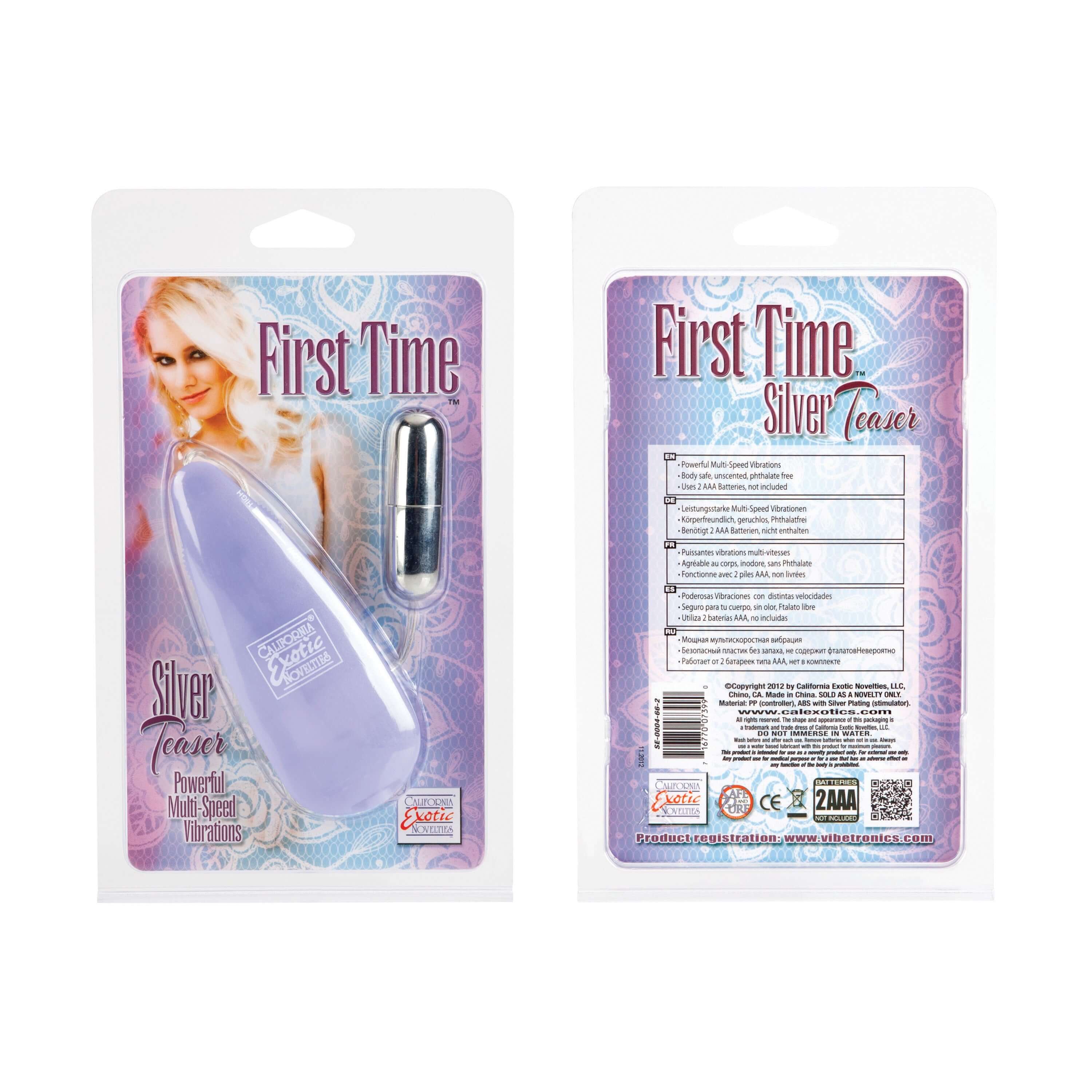 First Time Silver Bullet Teaser packaging featuring a compact massager and product details on the back.