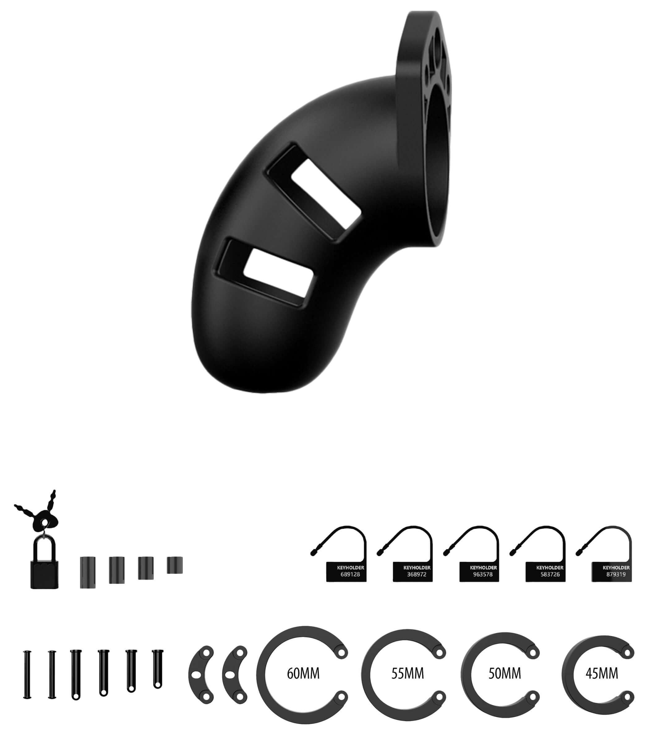 Silicone Chastity Cock Cage Small with adjustable components and padlocks for secure confinement.