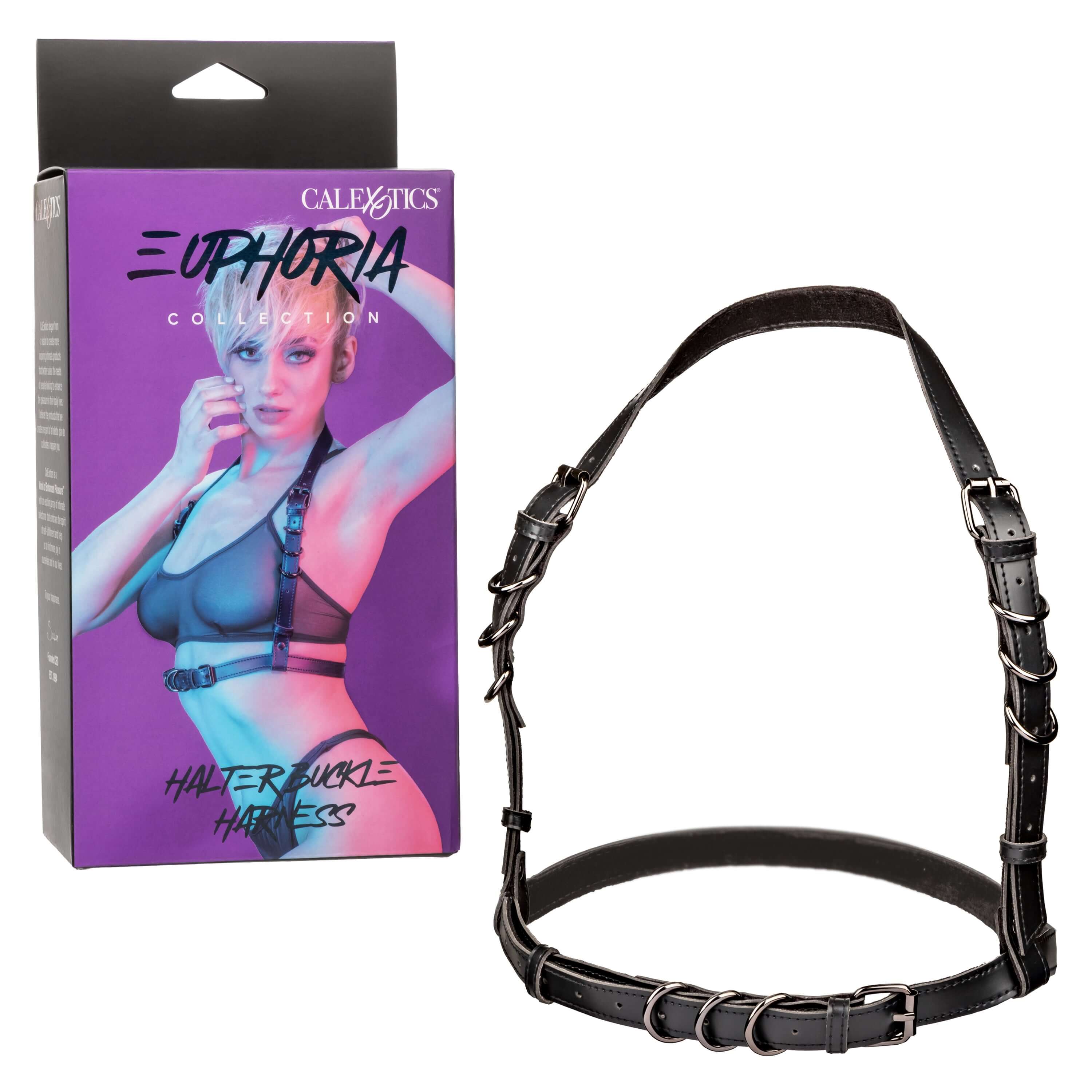 Euphoria Collection Halter Buckle Harness Black displayed with packaging against a vibrant colorful background.