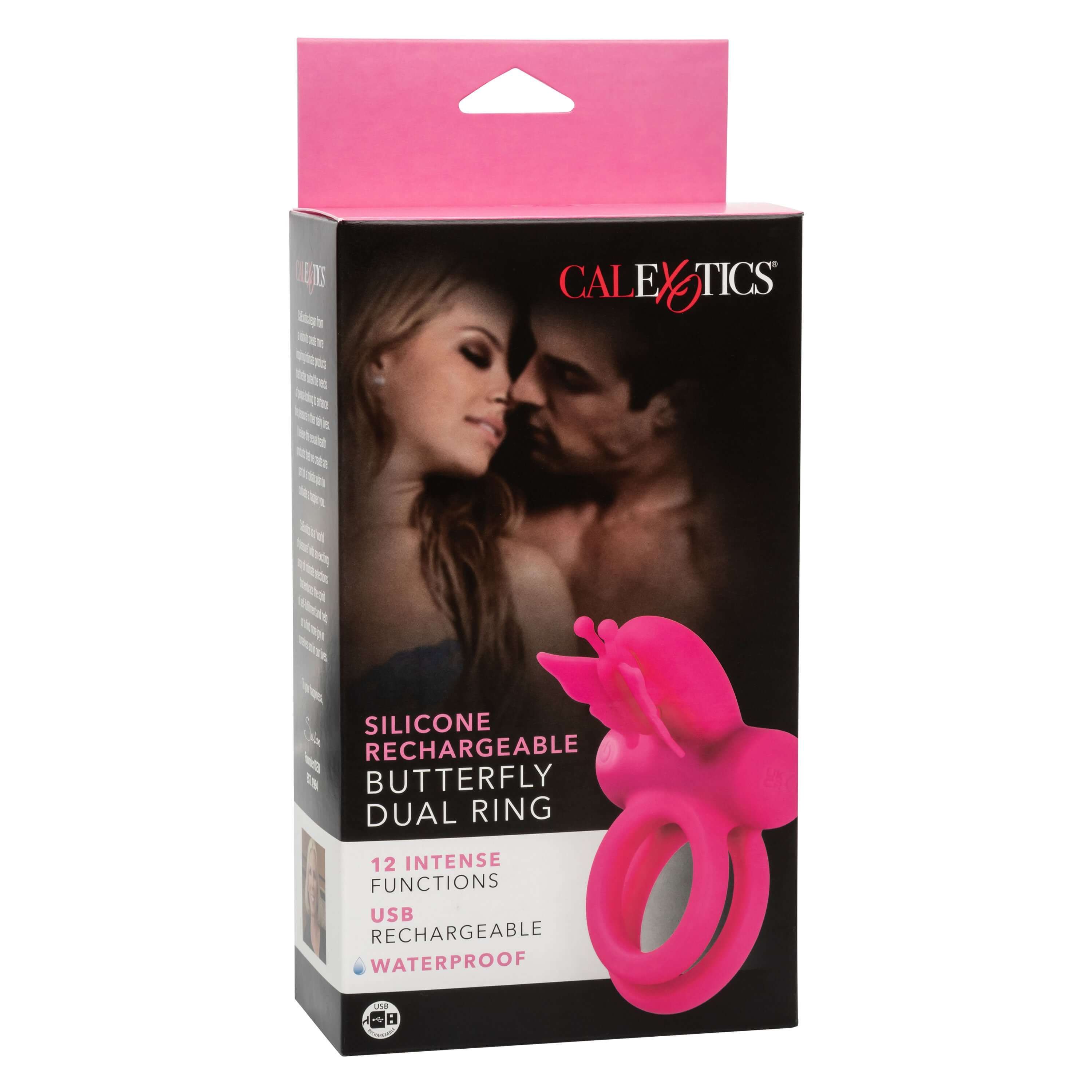Silicone Rechargeable Dual Butterfly Ring Pink packaging featuring a couple and listing features like USB recharge and waterproof.