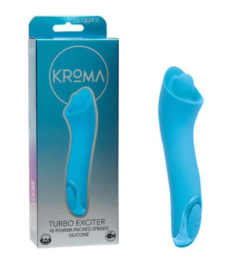 Kroma Turbo Exciter Rechargeable Mini Massager Blue in packaging, featuring 10 vibration speeds and sleek design.