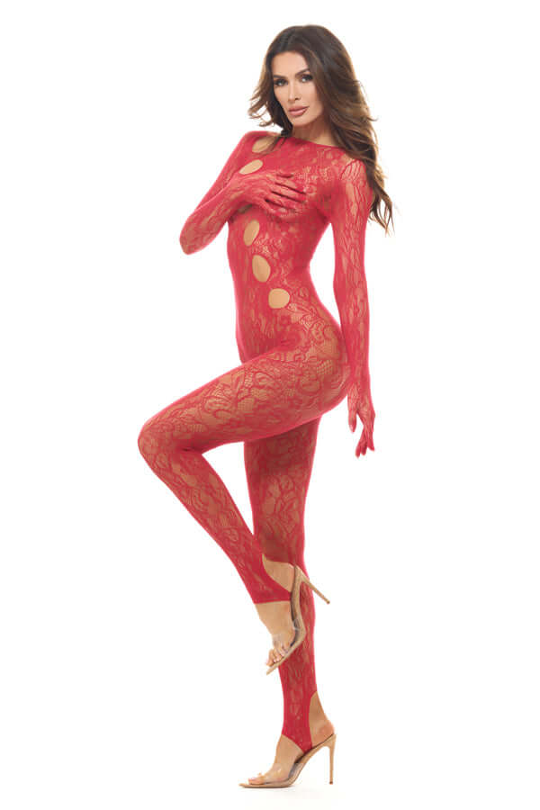 Split Up Lace Bodystocking - Red - Os-0