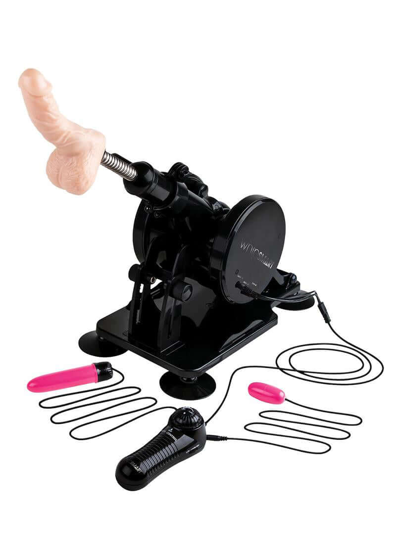 Deluxe adjustable sex machine set with attachments for targeted stimulation, featuring stability base and suction cups.
