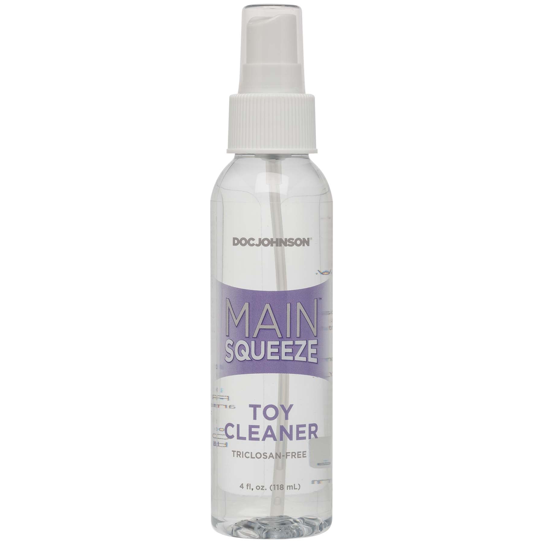 Main Squeeze Toy Cleaner 4 Oz Bulk bottle with spray nozzle for effective toy cleaning and hygiene maintenance.