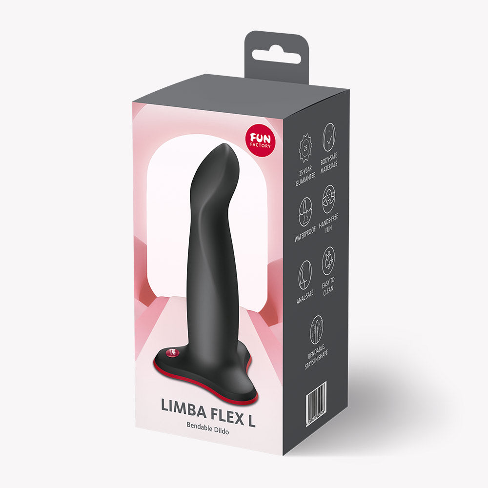 Packaging for Fun Factory Limba Flex L Bendable Dildo Black, showcasing its flexible design and innovative features.