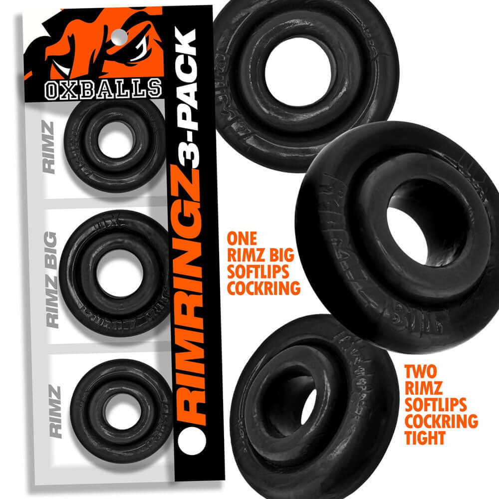 Oxballs Rimrings Multi Size Cockrings 3 Pack Black featuring two standard sizes and one larger option for comfort.