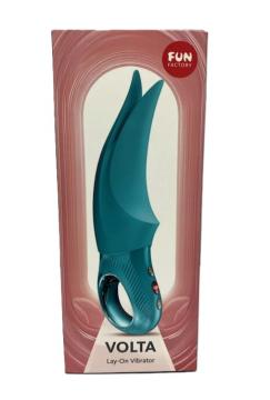 Fun Factory Volta Lay-on Vibrator Aquamarine in its packaging with a sleek design and vibrant color.