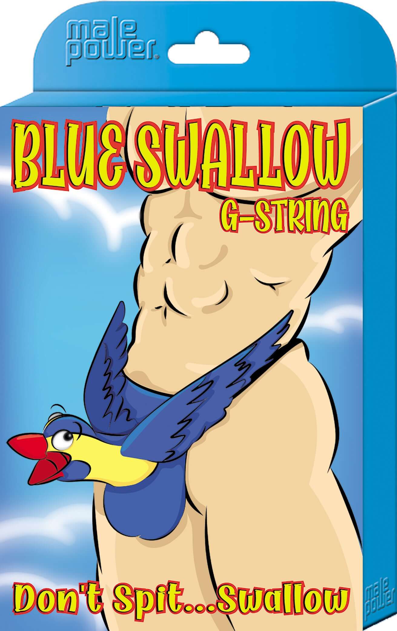 Blue Swallow G-String packaging showing fun bird design on male model with text "Don't Spit...Swallow".