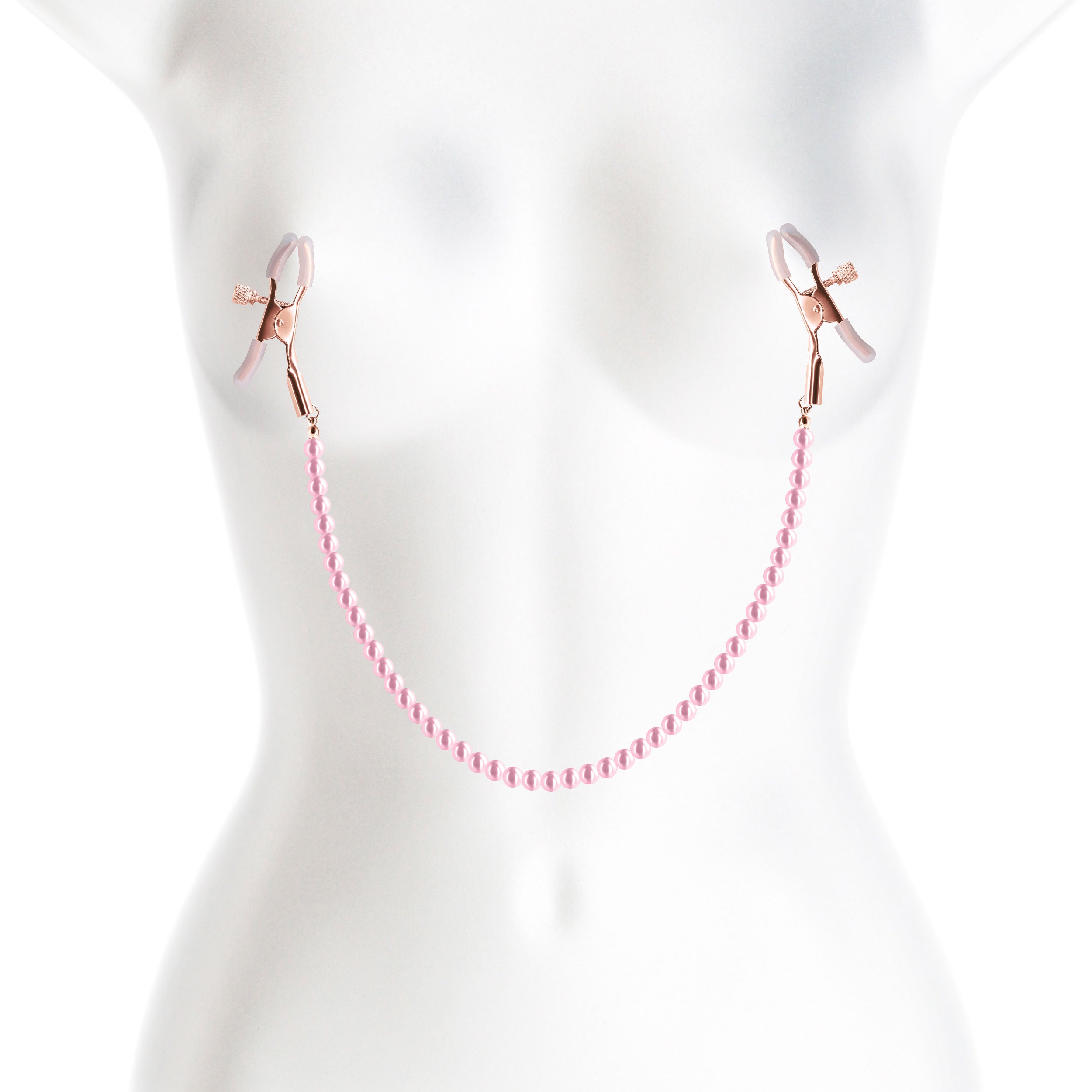 Bound Nipple Clamps DC1 Rose Gold Pink displayed on a mannequin with pink silicone tips and a chain.