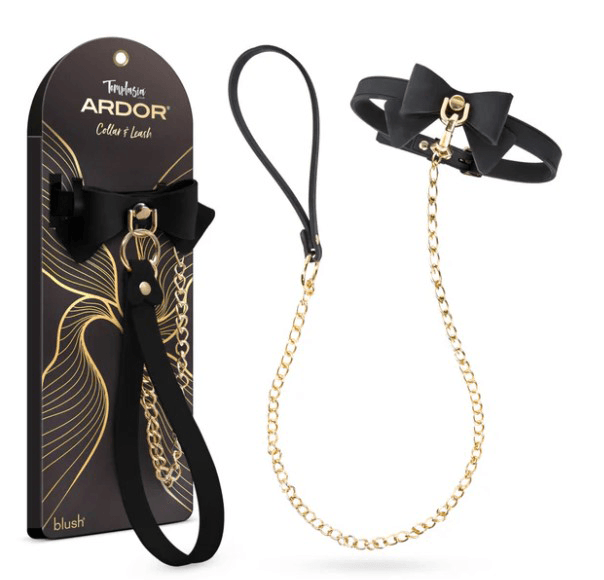 Temptasia Ardor Collar and Leash Black With Bow displayed on packaging with a leash and collar featuring a bow.