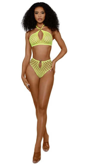 Dreamgirl Situation Net 2-Piece Set OS Neon Yellow on model showcasing vibrant color and stylish design.