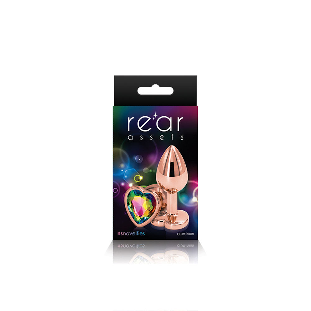 Rear Assets Rose Gold Heart Small Rainbow packaging with a heart-shaped gem and chrome-plated anal plug design.