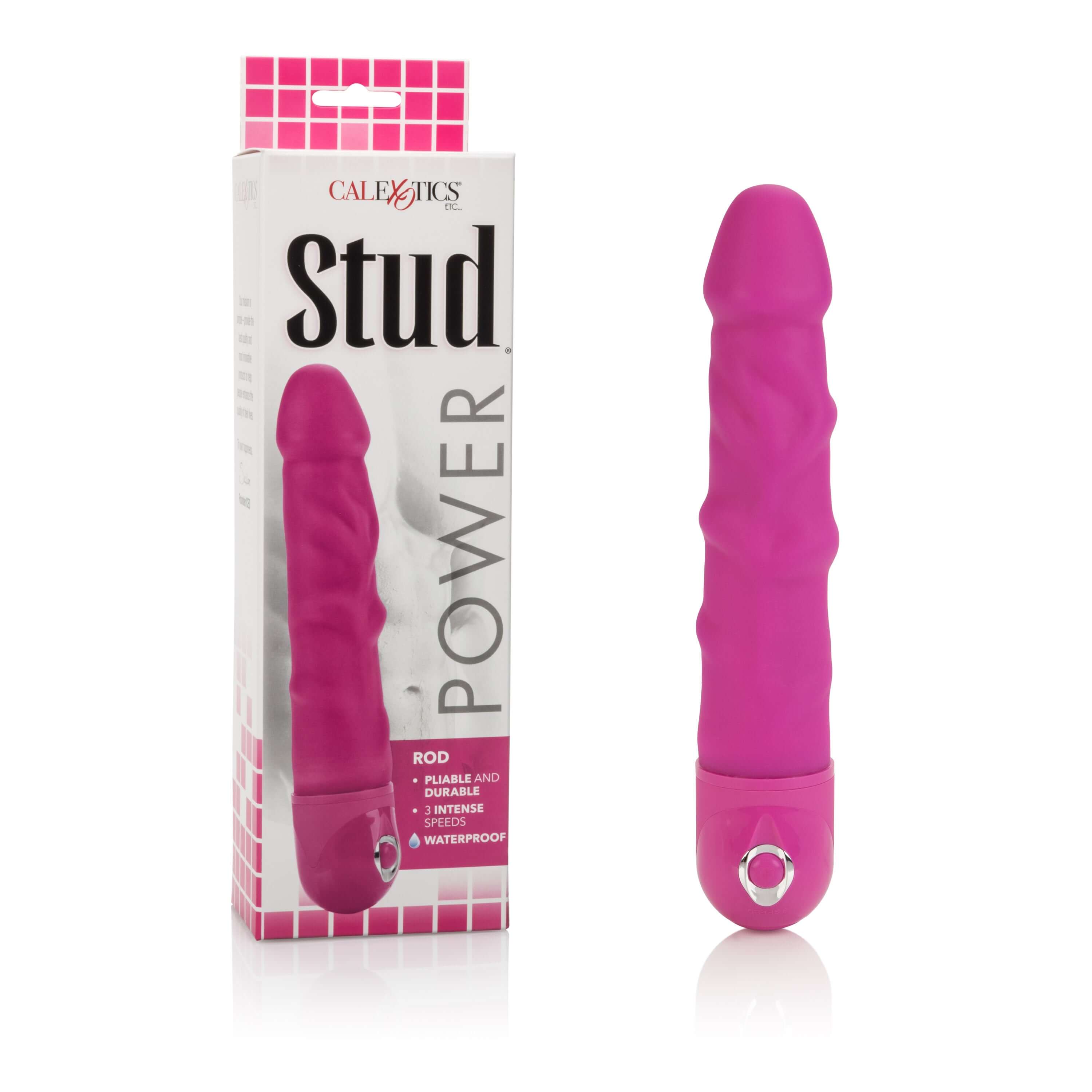 Waterproof Power Stud Rod Dong Pink vibrator with a realistic shape and strong vibrations in packaging.
