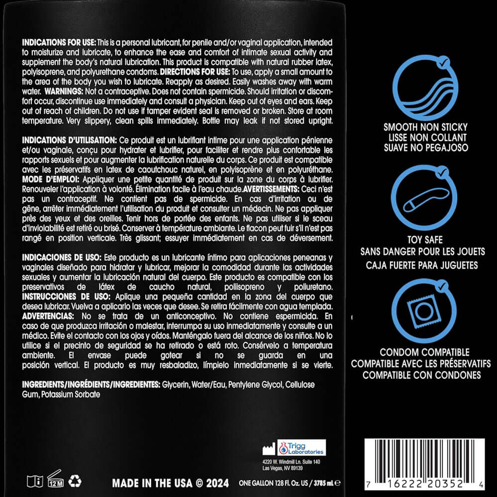 Wet Original Water Based Lubricant 128 Oz packaging showing use indications and ingredients for a silky smooth experience.