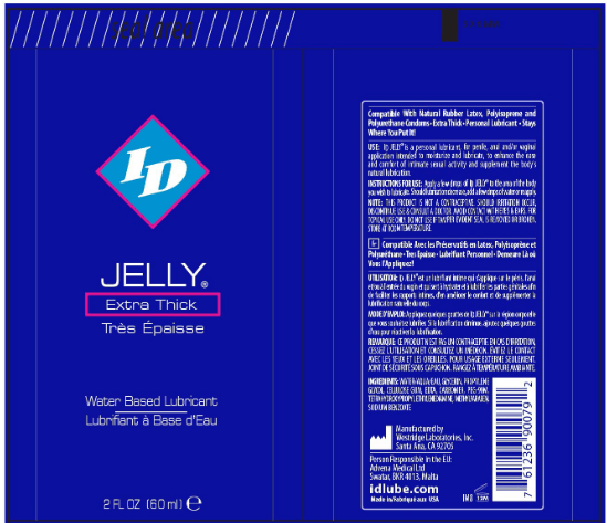 ID Jelly Extra Thick Water Based Lubricant 2 Oz packaging with product details and uses.