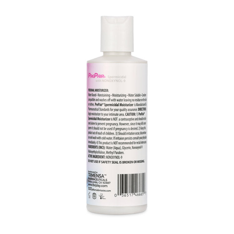 Prepair Spermicidal Lubricant 4.5 Oz bottle showing back label with product information and instructions.
