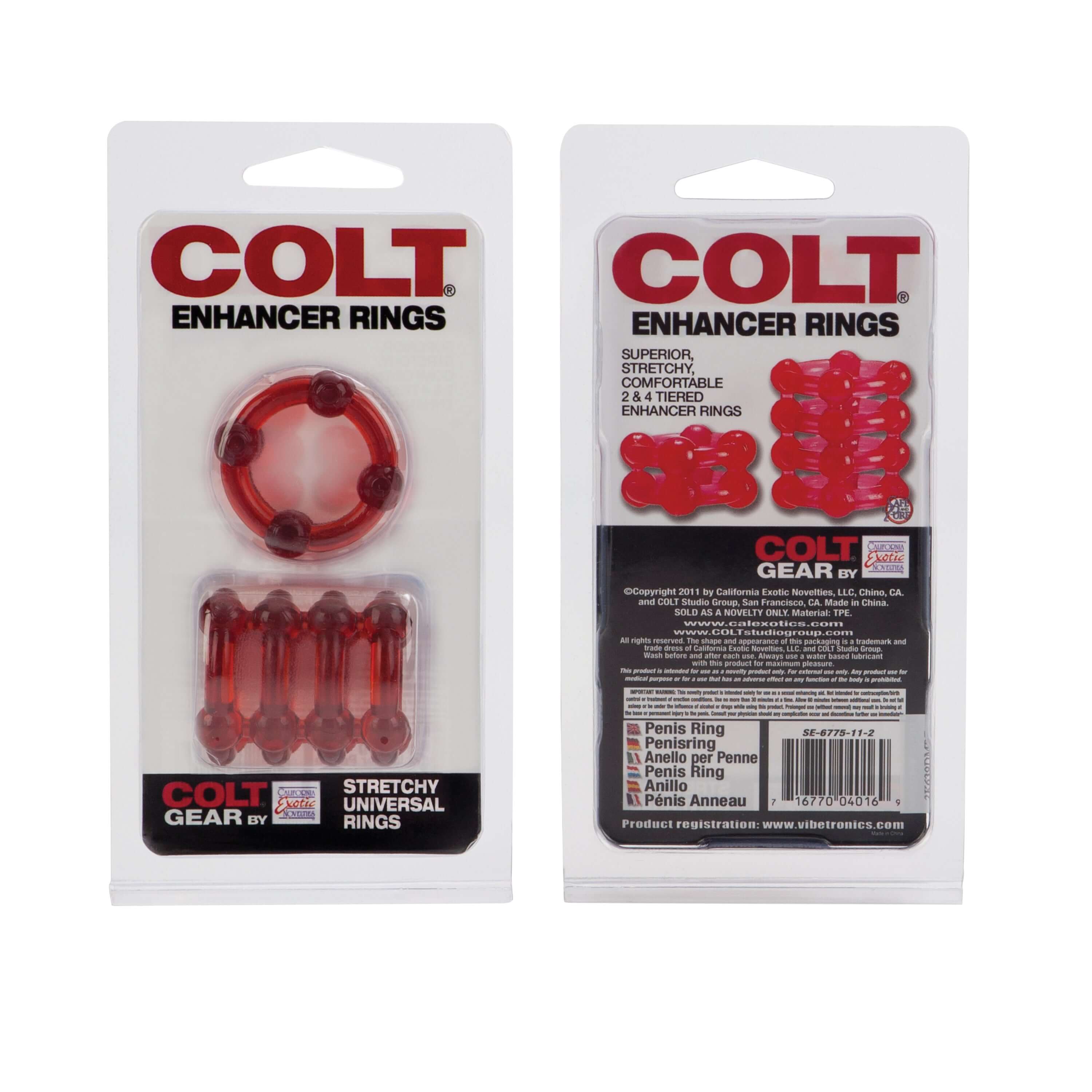 Colt Gear Enhancer Rings Red packaging featuring stretchy universal rings for enhanced stamina and comfort during play.