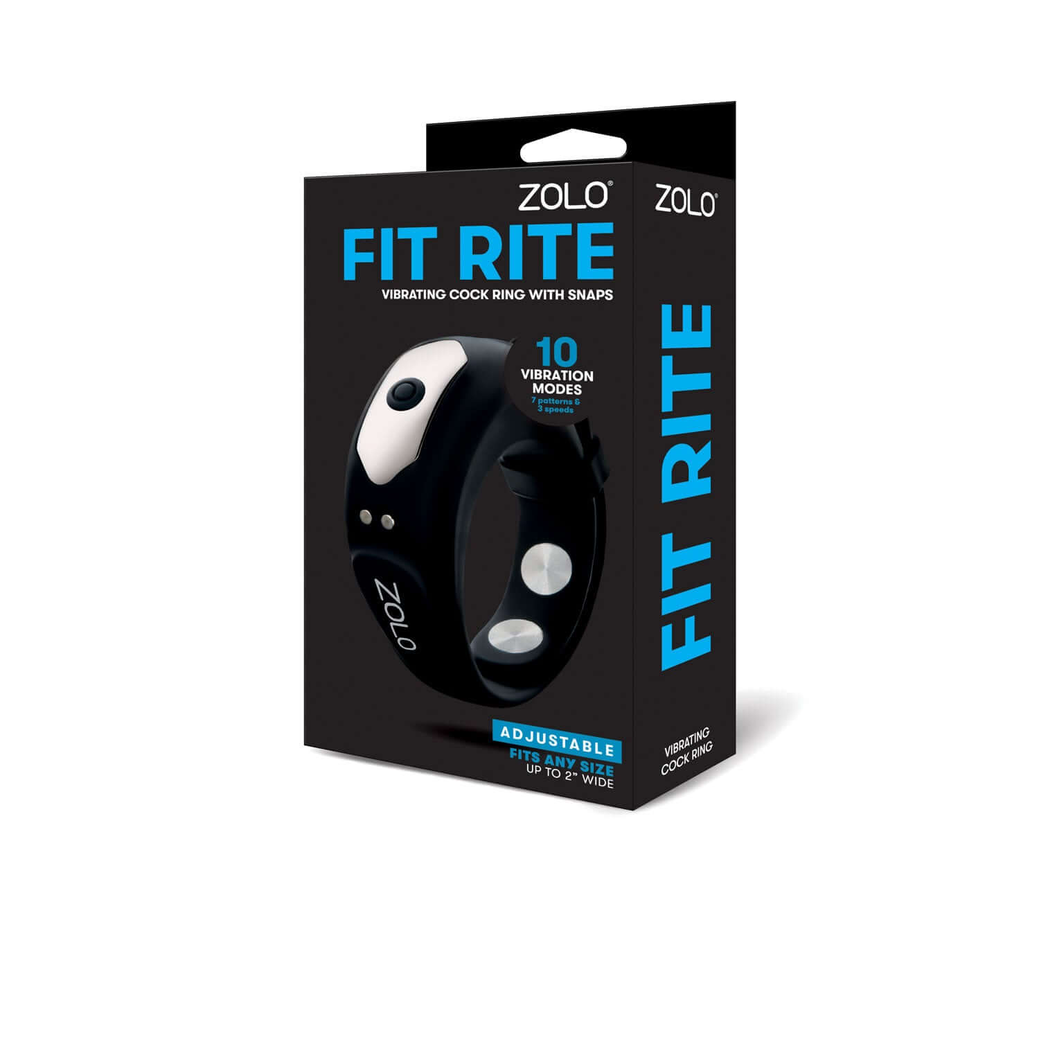 Zolo Fit Rite Vibrating Cock Ring with Snaps packaging showcasing adjustable fit and 10 vibration modes in black.