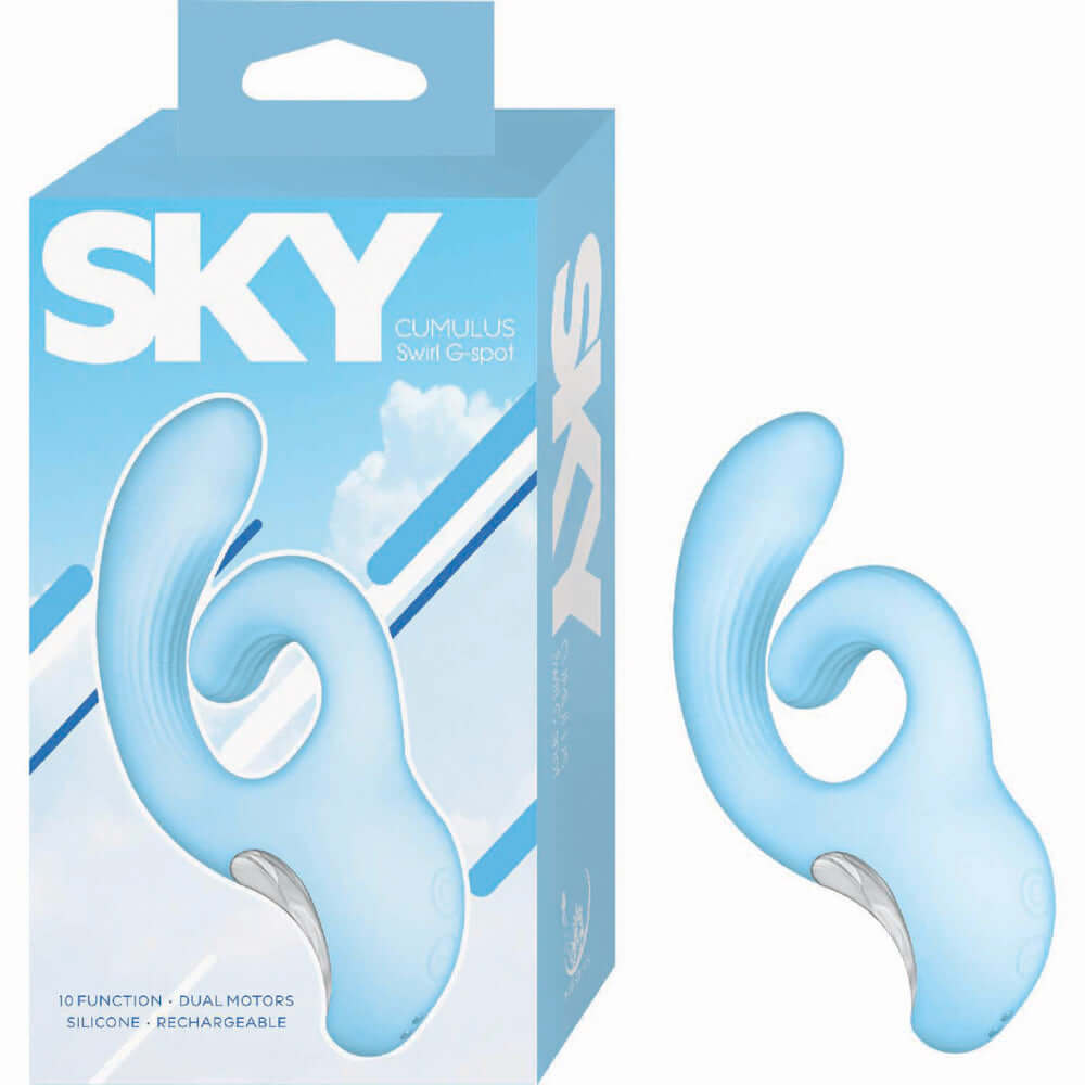 Sky Cumulus Swirl G Spot Vibrator Blue with packaging, showcasing its unique design and dual-motor features.